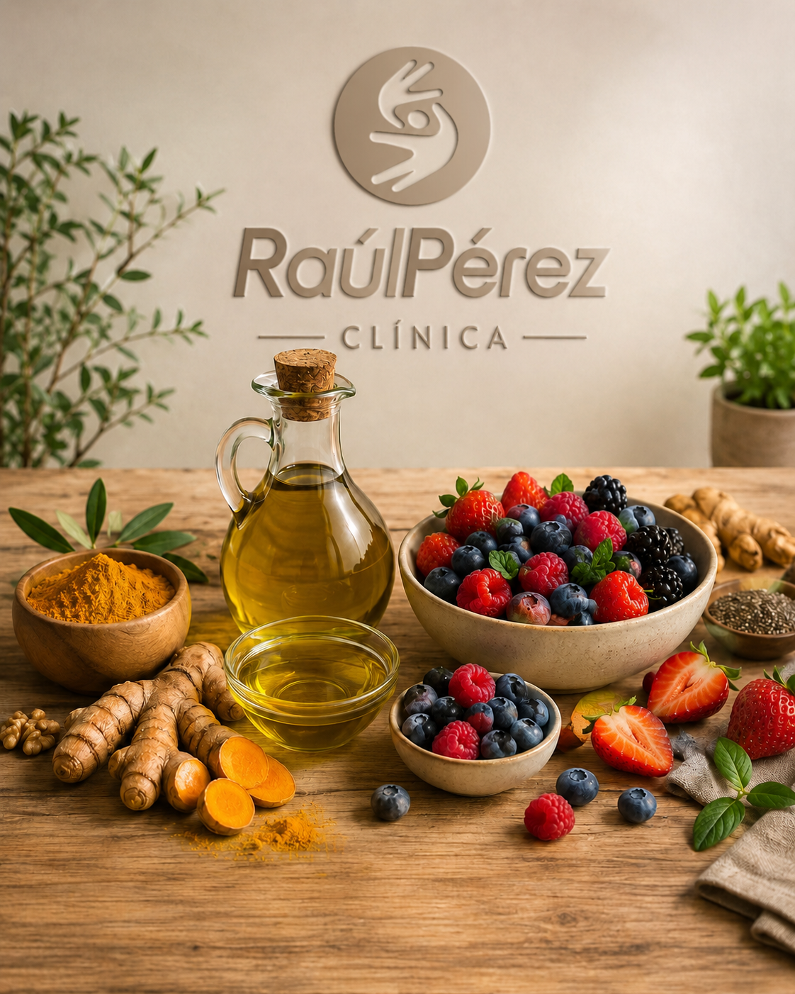 Alimentos antiinflamatorios sobre mesa de madera con aceite de oliva virgen extra, cúrcuma y frutos rojos en Cádiz
